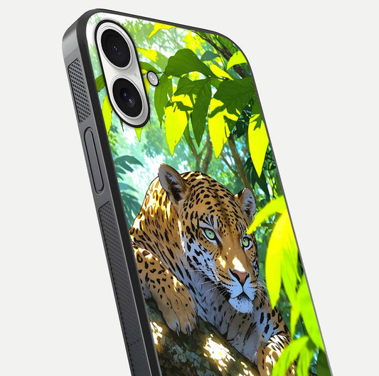 Leopard in Jungle Glass Case for iPhone 17 angled close-up showing fur texture and glossy shine reflection