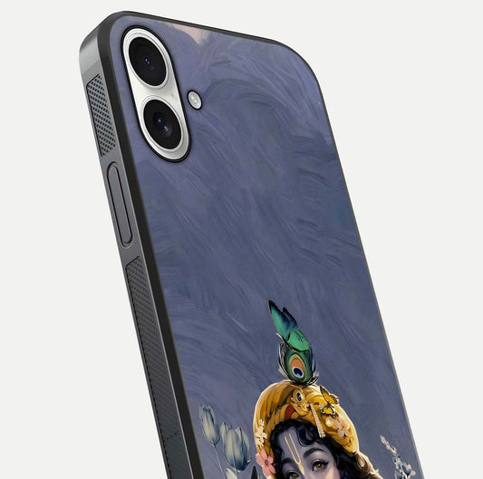 Lord Krishna Glass Case for iPhone 17 angled close-up showing intricate flute and reflection details
