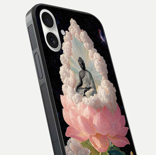 Lotus Divine Peace Glass Case for iPhone 17 angled close-up showing delicate petals and gloss reflection