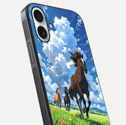 Majestic Horses Galloping Glass Case for iPhone 17 close-up angled shot showing horse motion and reflection