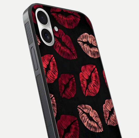 Midnight Kiss Love Glass Case for iPhone 17 close-up angle highlighting red accents and reflection shine