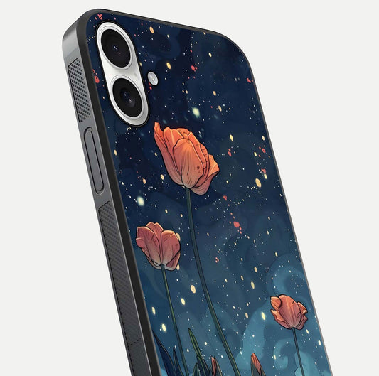 Midnight Tulip Glow Glass Case for iPhone 17 close-up angled shot showing petal details and reflection glow