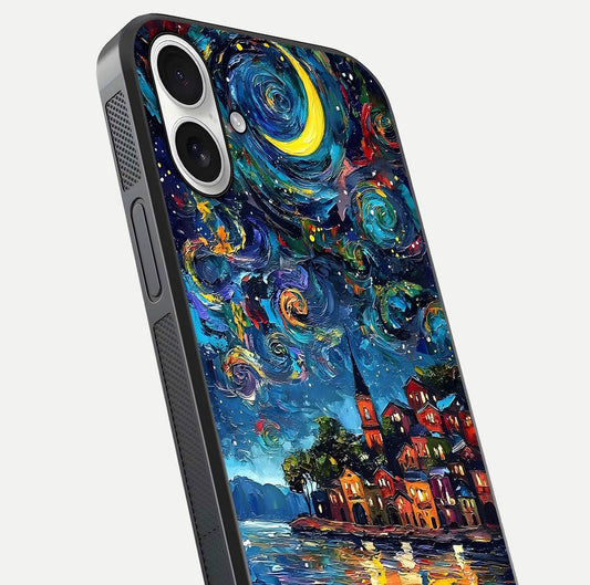 Moonlight Harbor Glow Glass Case for iPhone 17 close-up angled shot showing reflection and moonlight glow