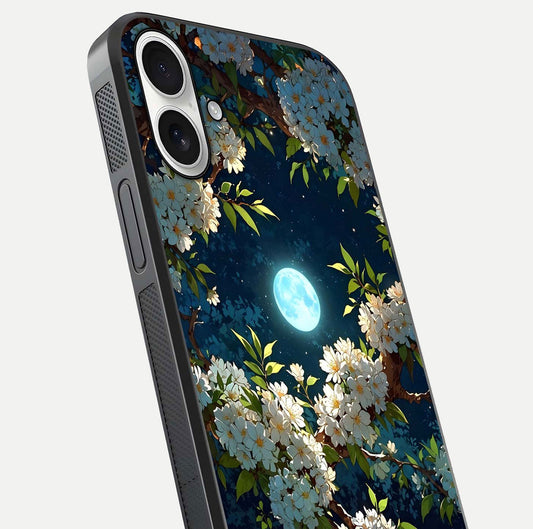 Moonlit Blossom Dream Glass Case for iPhone 17 close-up angled shot showing glowing petals and reflection