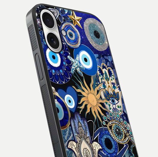 Mystic Blue Evil Eye Glass Case for iPhone 17 close-up angled shot highlighting mystical glow and HD reflection