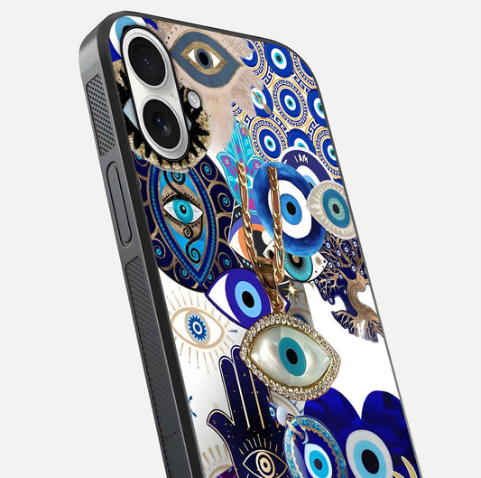 Mystic Charm Eye Glass Case for iPhone 17 close-up angled shot showing detailed eye art and reflection