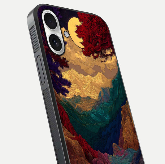 Mystic Valley Light Glass Case for iPhone 17 close-up angled shot highlighting gradient sky and reflection