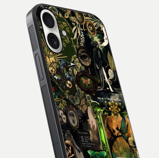 Mystic Woods Secret Glass Case for iPhone 17 close-up angled shot highlighting tree texture and reflection