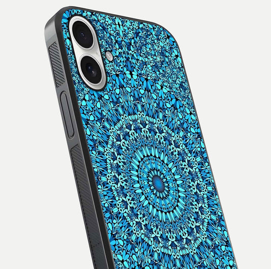 Ocean Bloom Mandala Glass Case for iPhone 17 close-up angled shot highlighting detailed mandala and reflection