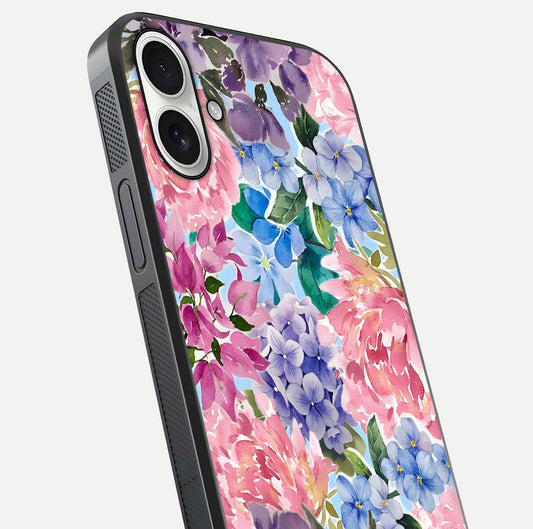 Pastel Floral Mix Glass Case for iPhone 17 close-up angled shot highlighting flower detail and reflection