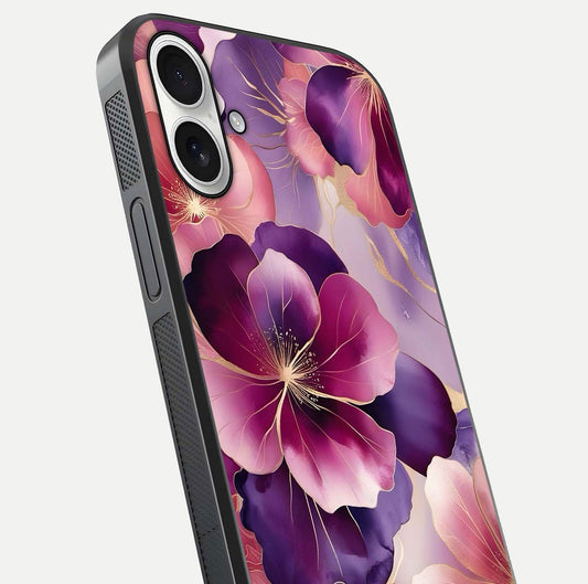 Pink Bouquet Florals Glass Case for iPhone 17 close-up angled shot showing bouquet details and reflection