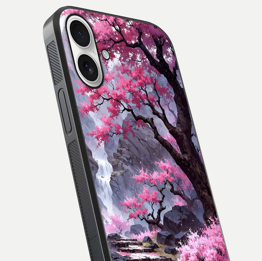 Pinkish Scenery Glass Case for iPhone 17 close-up angled shot showing reflection and gradient color blend