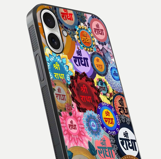 Radha Divine Bloom Glass Case for iPhone 17 close-up angled shot highlighting divine detailing and shine