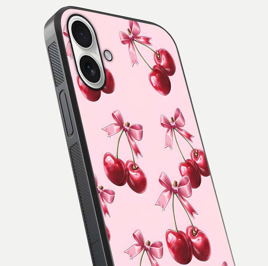Red Cherries Pattern Glass Case for iPhone 17 close-up angled shot showing cherry details and HD reflection