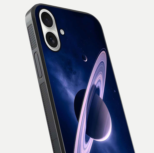 Saturn Ring Mystique Glass Case for iPhone 17 close-up angled shot highlighting ring detail and HD reflection