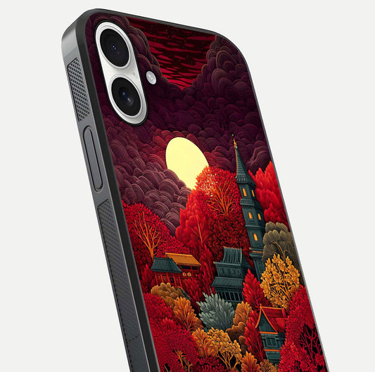 Scarlet Autumn Temple Glass Case for iPhone 17 close-up angled shot highlighting golden leaves and reflection