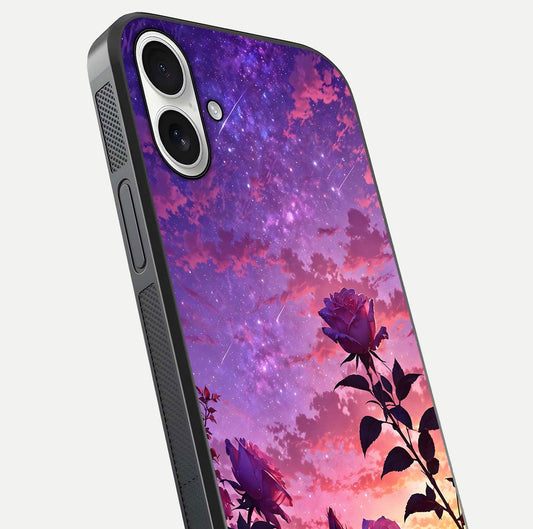 Starlit Rose Twilight Glass Case for iPhone 17 close-up angled shot highlighting rose detail and reflection