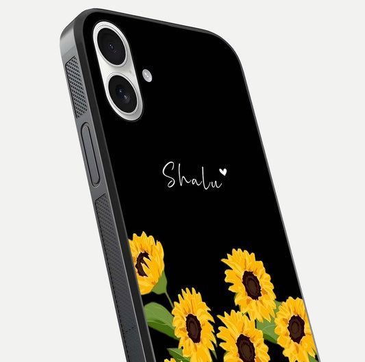 Sunflower Chic Mood Custom Name Glass Case for iPhone 17 close-up angled shot showing HD sunflower pattern