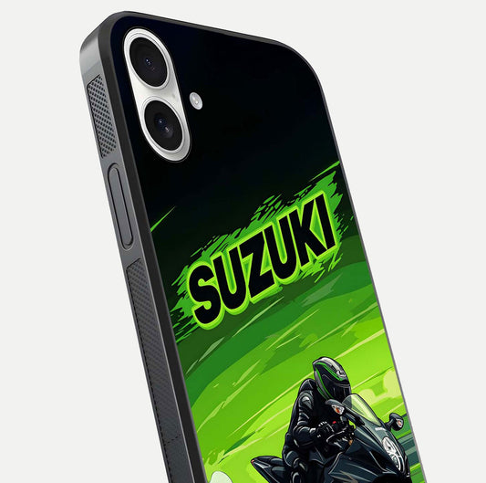 Suzuki Speed Beast Glass Case for iPhone 17 close-up angled shot highlighting bold tones and reflection