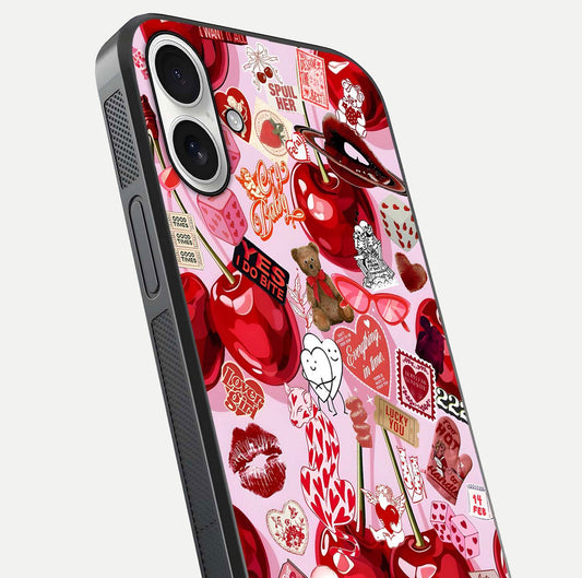 Sweet Cherry Chaos Glass Case for iPhone 17 close-up angled shot highlighting red tone contrast and reflection