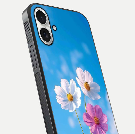 Triple Flowers With Sky Glass Case for iPhone 17 close-up angled shot highlighting petal and reflection details