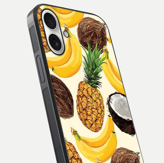Tropical Fruit Mood Glass Case for iPhone 17 close-up angled shot highlighting fruit texture and reflection