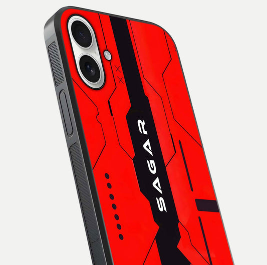 Voltage Rise CYBERPUNK Custom Name Glass Case for iPhone 17 close-up angled shot highlighting neon glow and reflection