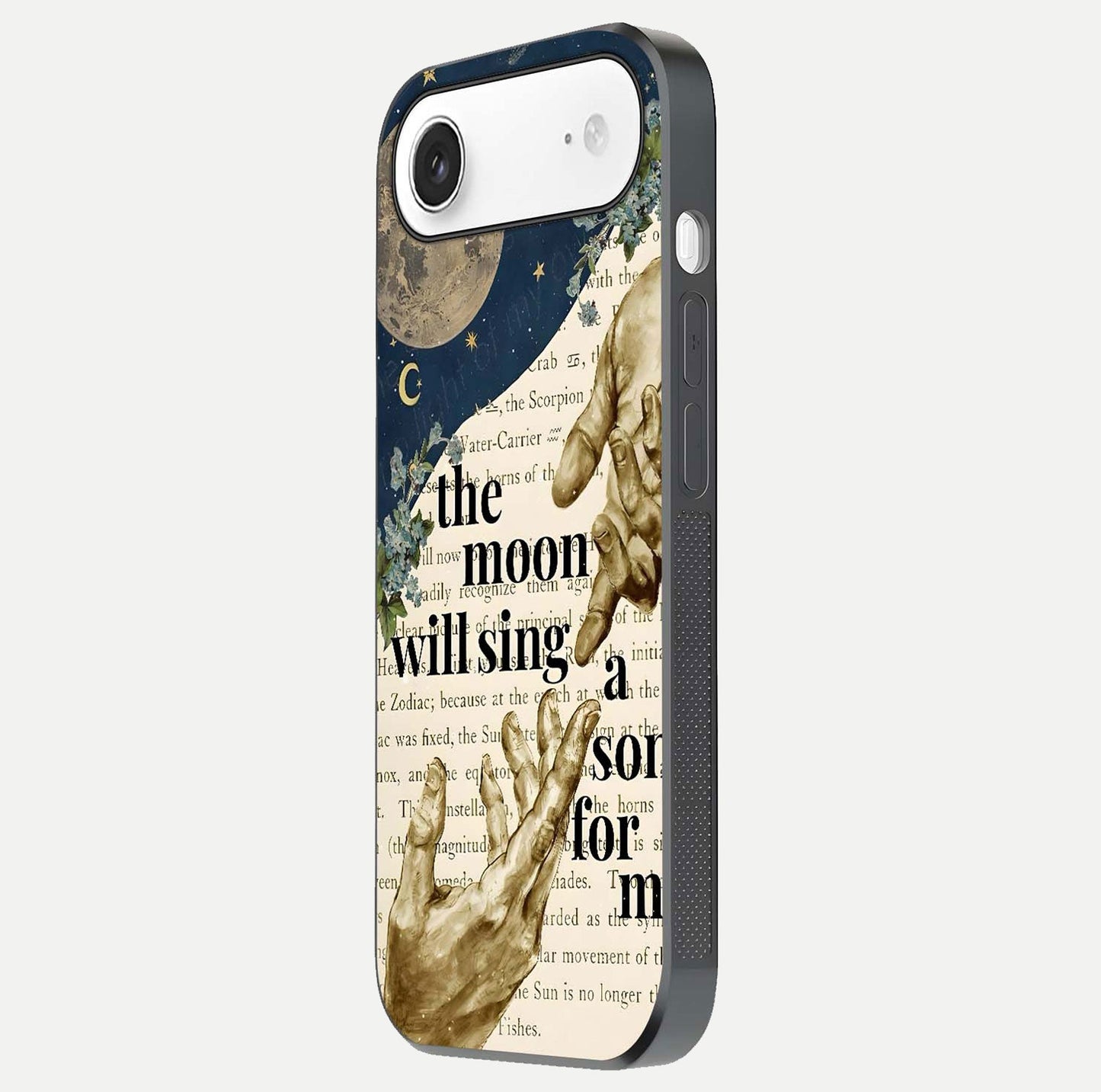 Aesthetic Divine Glass Case for iPhone Air side-angle image showing divine abstract design, camera module, and glossy finish reflection