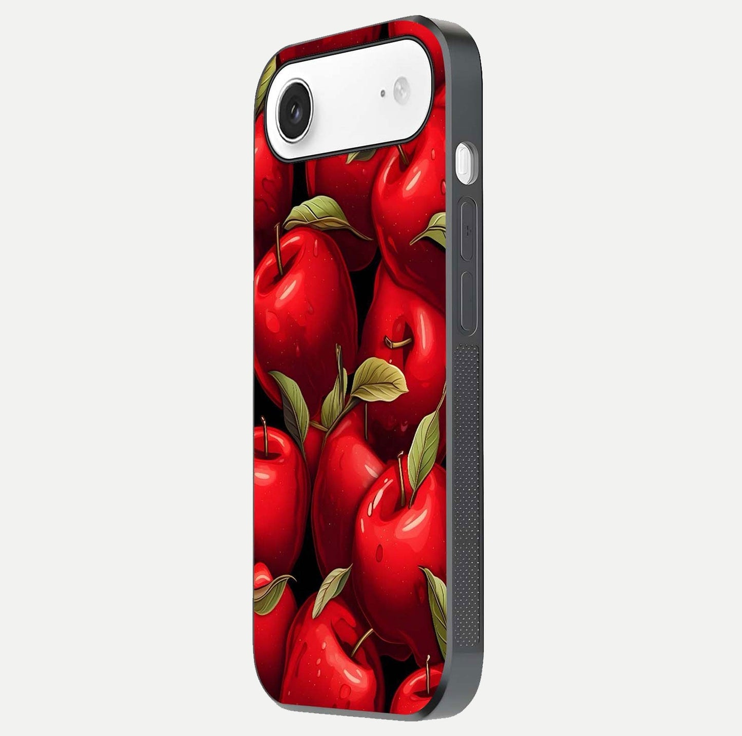 Apple Pattern Glass Case for iPhone Air side-angle image showcasing minimalist apple print and gloss reflection