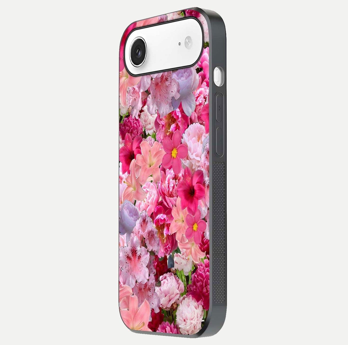 Bloom Crush Fantasy Glass Case for iPhone Air side-angle shot with fantasy bloom art and gloss surface