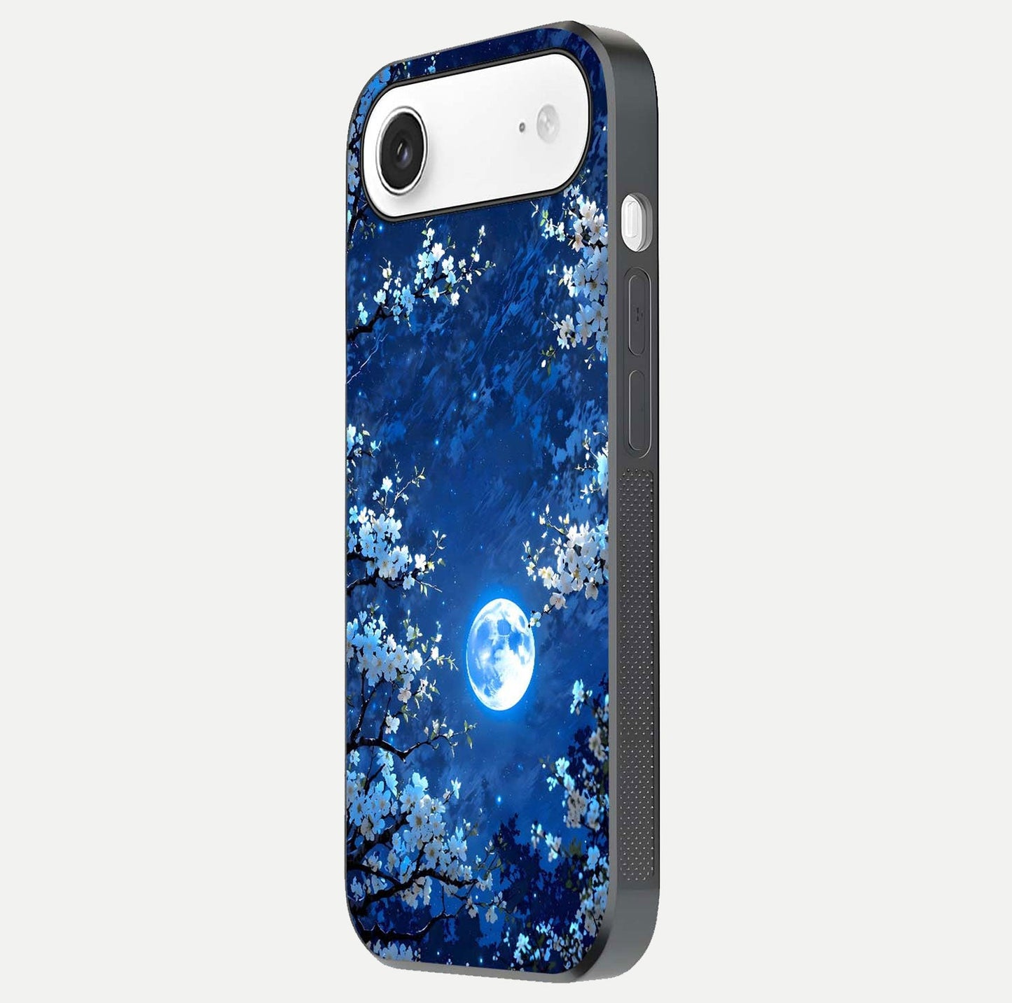 Blossom Moonlight Sky Glass Case for iPhone Air side-angle view emphasizing moonlight tones and protective edge