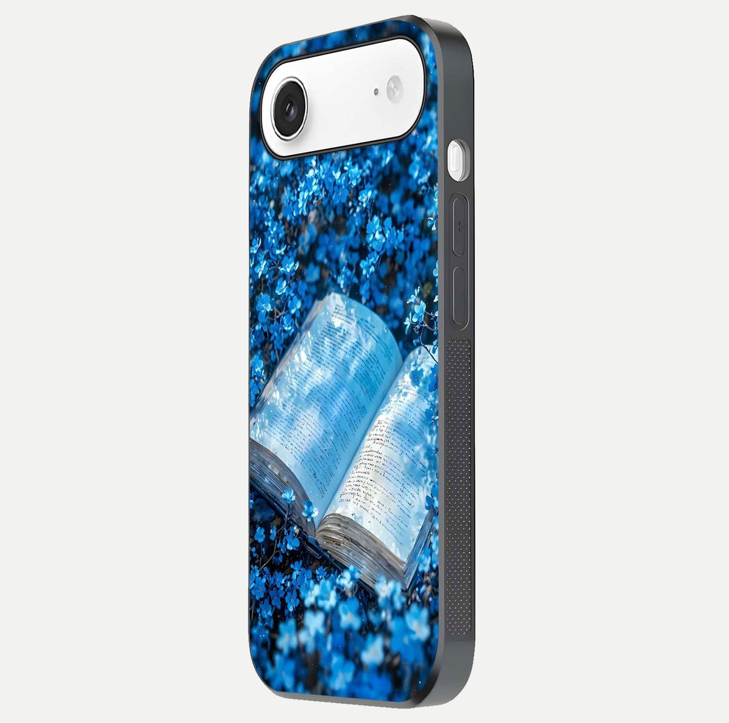 Blue Bloom Tales Glass Case for iPhone Air side-angle image showing blue floral pattern and glossy finish