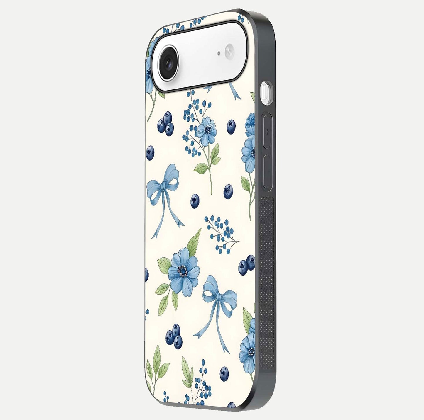 Blue Flower & Bow Glass Case for iPhone Air side-angle image showing bow-floral mix and HD finish shine