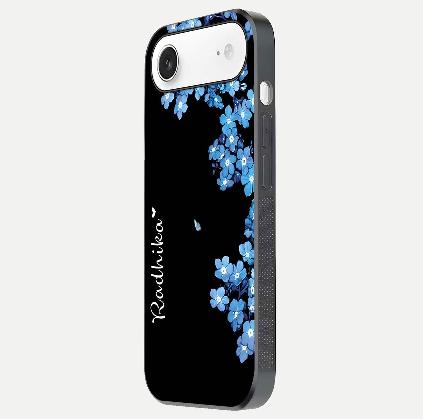 Blue Petal Dream Custom Name Glass Case for iPhone Air side-angle image showing name print clarity and smooth gloss