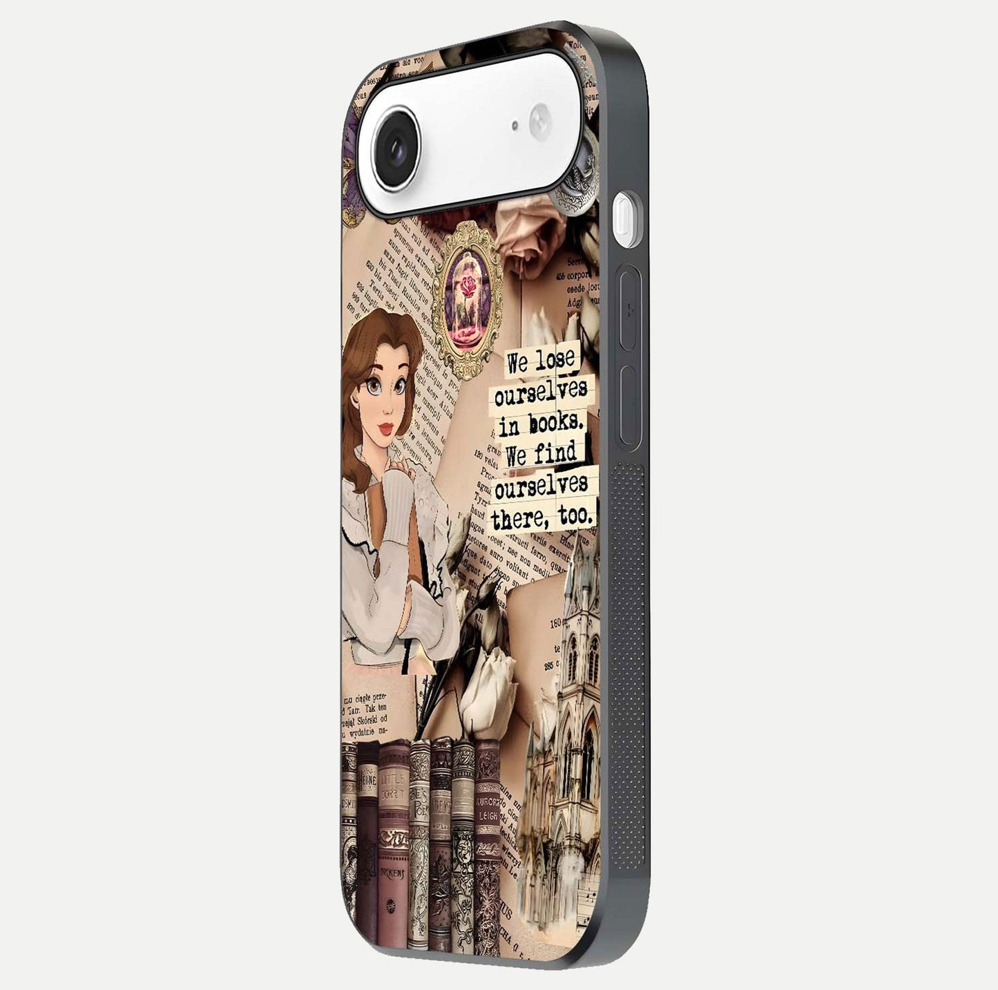 Bookish Dream World Glass Case for iPhone Air side-angle image showing detail depth and smooth corner polish