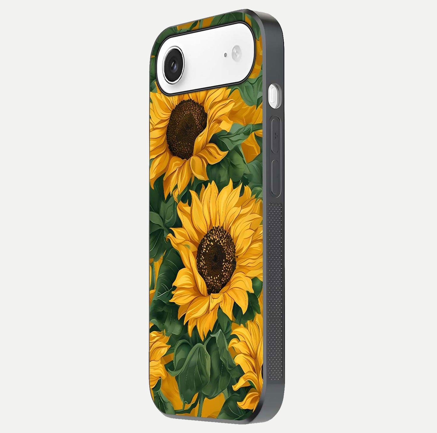 Bright Sunflower Bloom Glass Case for iPhone Air side-angle image showing shine texture and detailed bloom