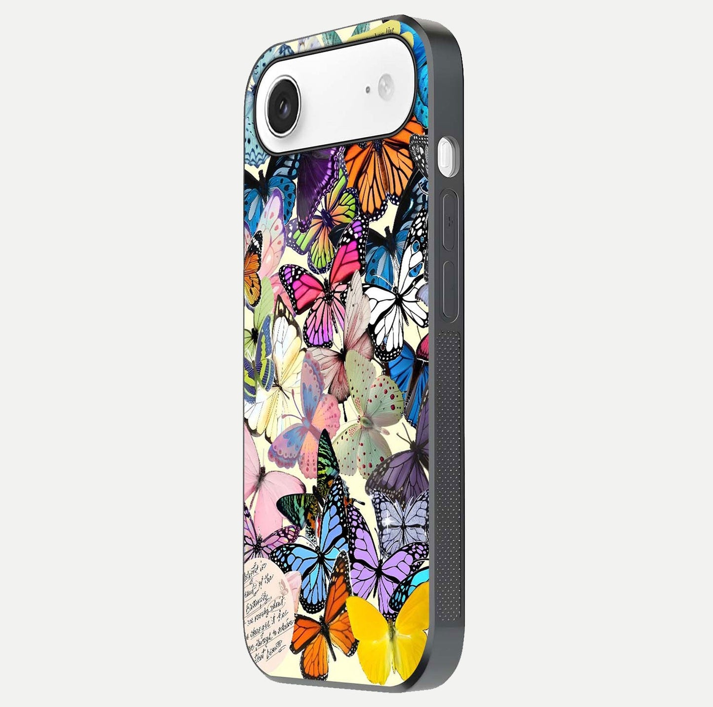 Butterflies Petal Dream Glass Case for iPhone Air side-angle shot showing butterfly motion and curved edges