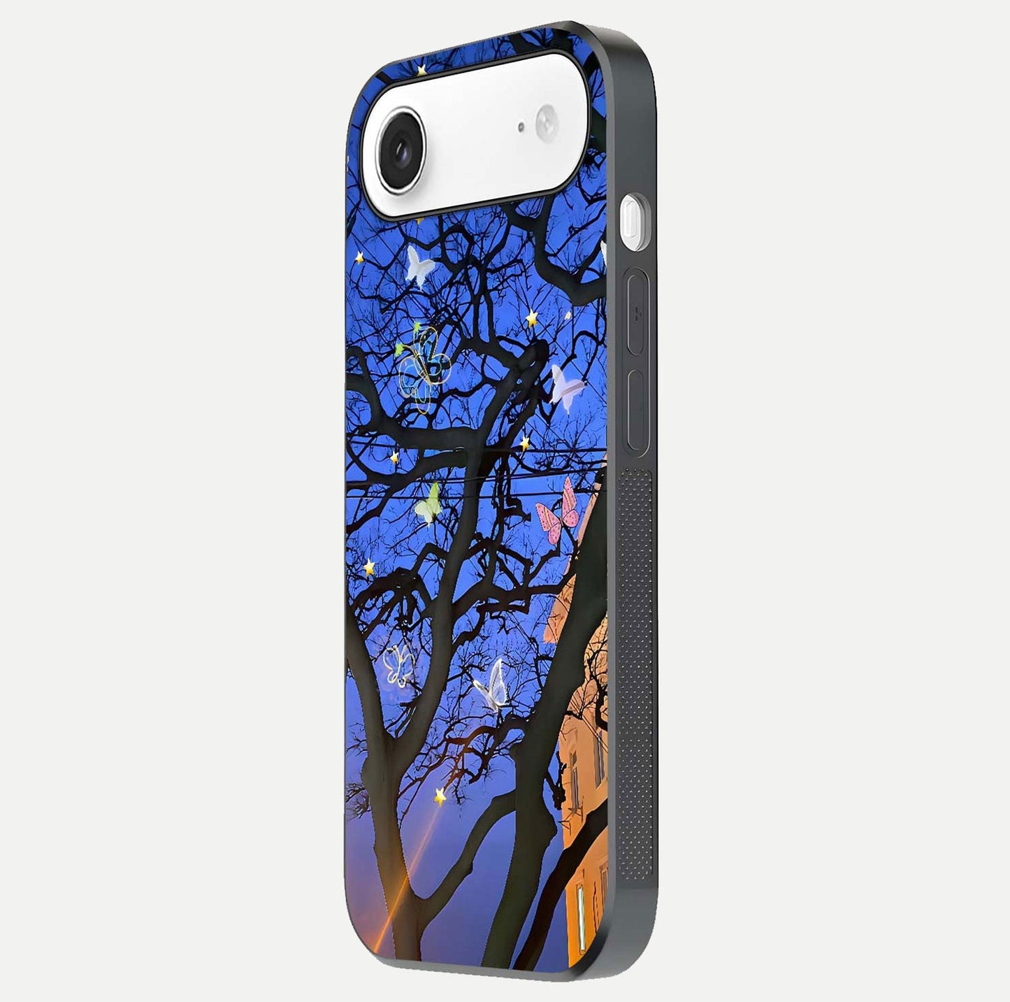Butterfly Night Magic Glass Case for iPhone Air side-angle view capturing butterfly contrast and glossy depth