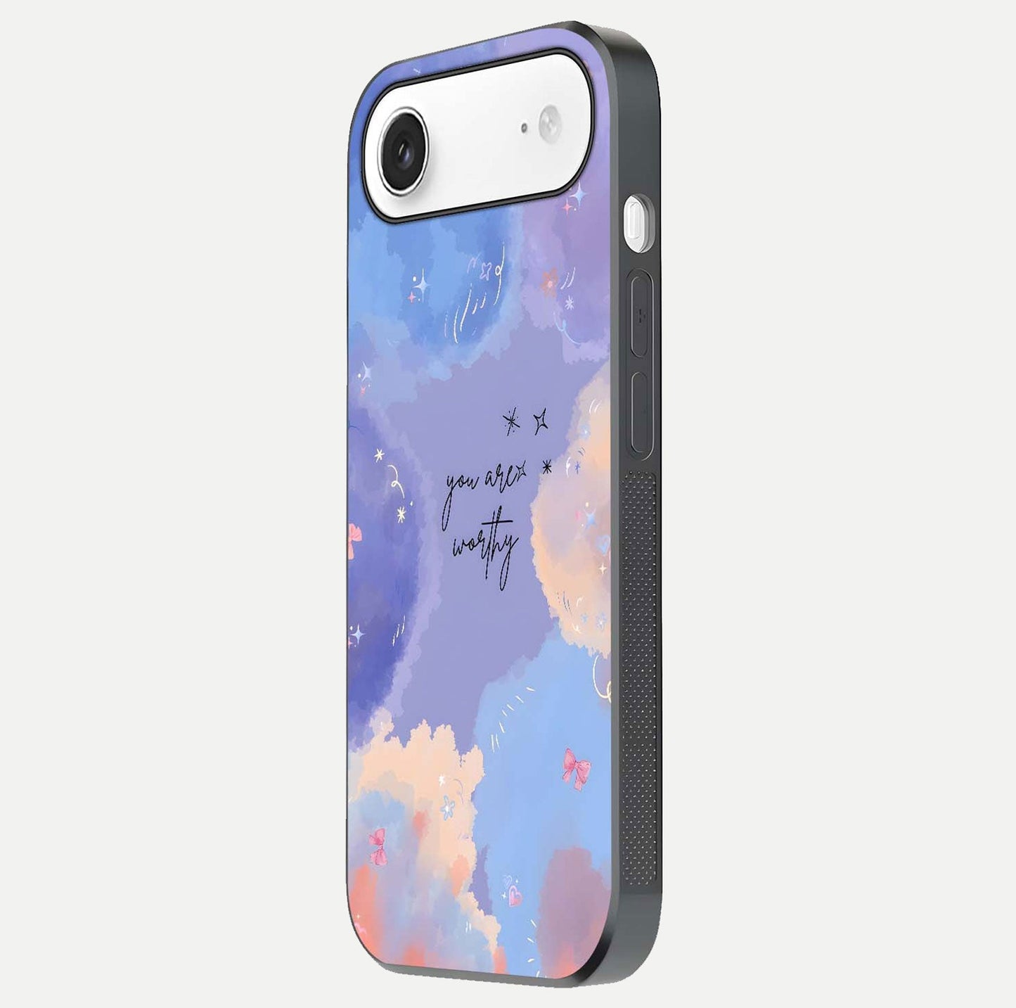 Celestial Cloud Magic Glass Case for iPhone Air side-angle photo showing edge reflection and dreamy texture