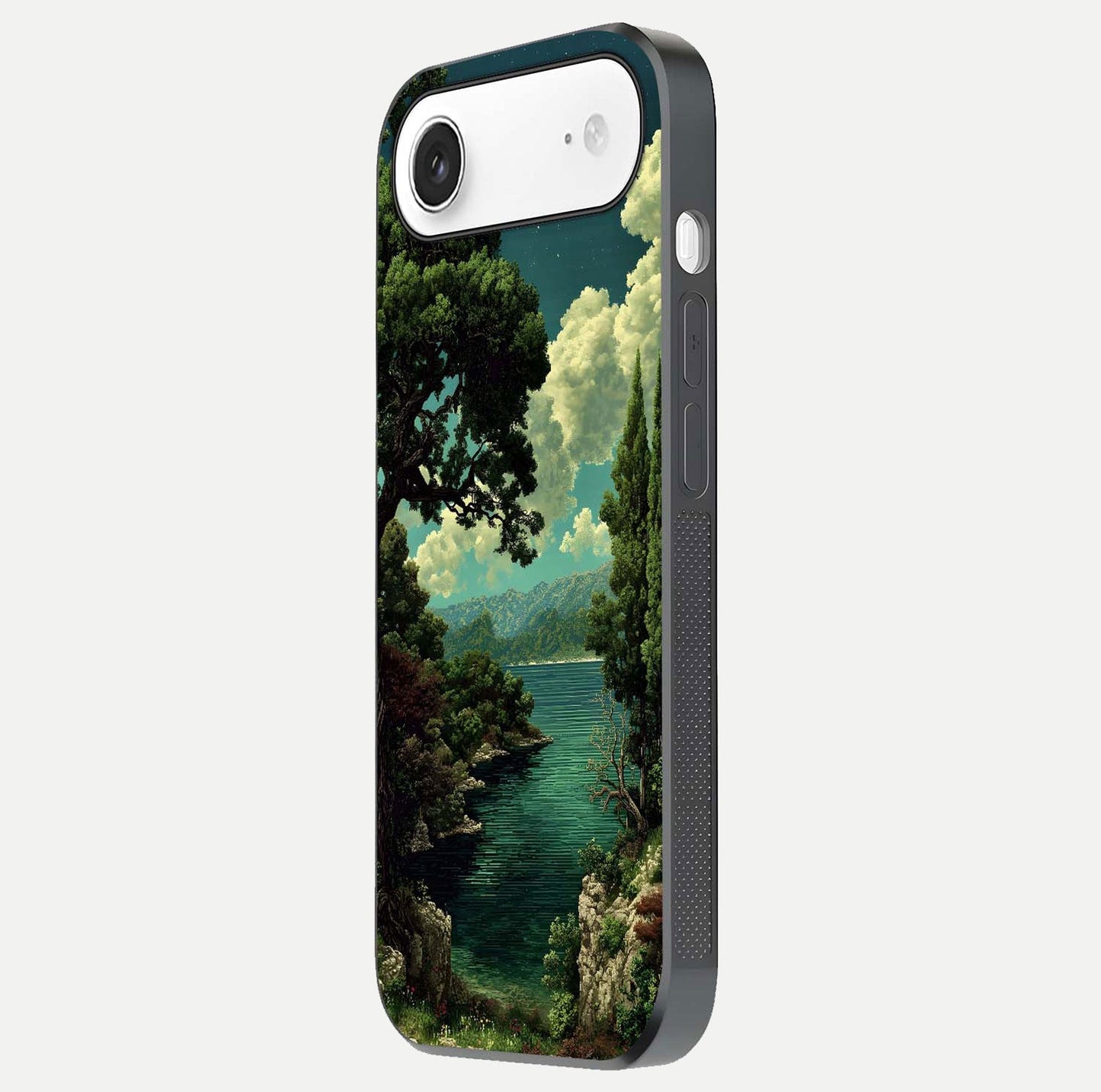 Celestial Lake Peace Glass Case for iPhone Air side-angle image displaying reflective glow and gentle edges