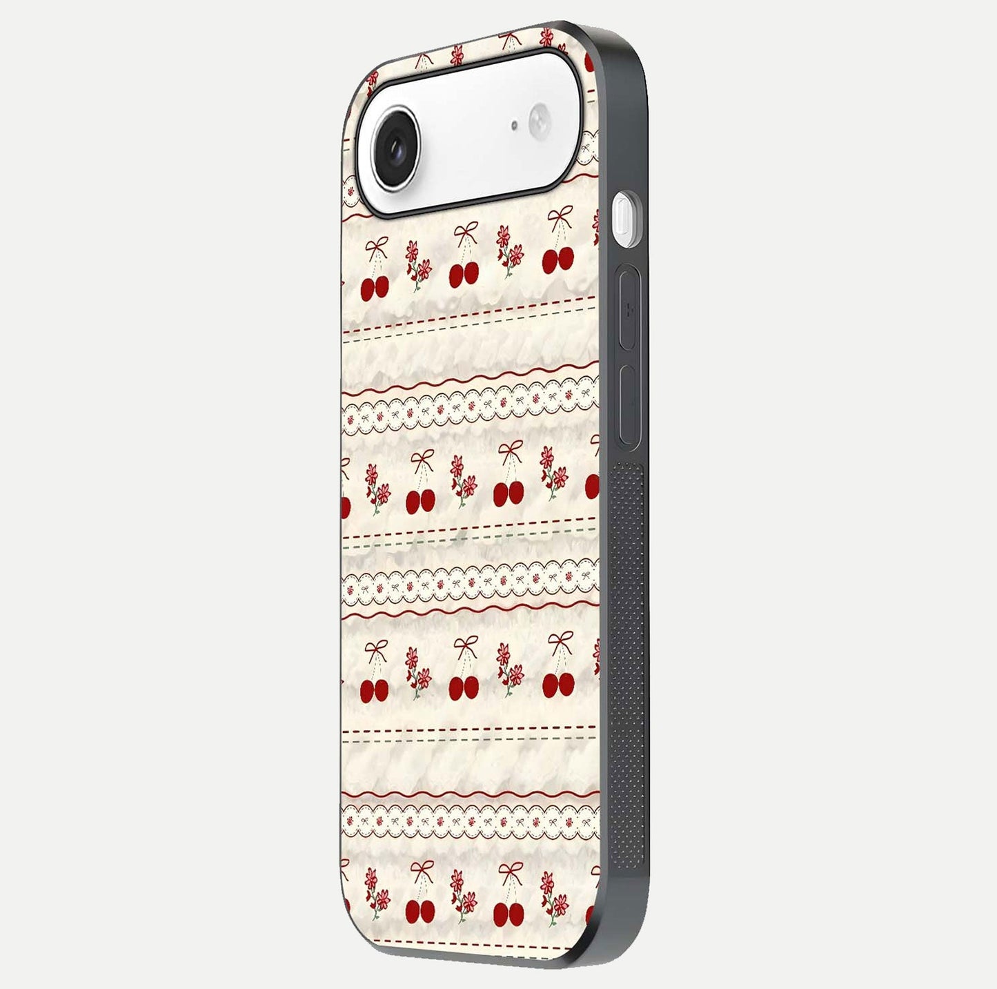 Cherry Bloom Charm Glass Case for iPhone Air side-angle photo showing flower detail and edge light