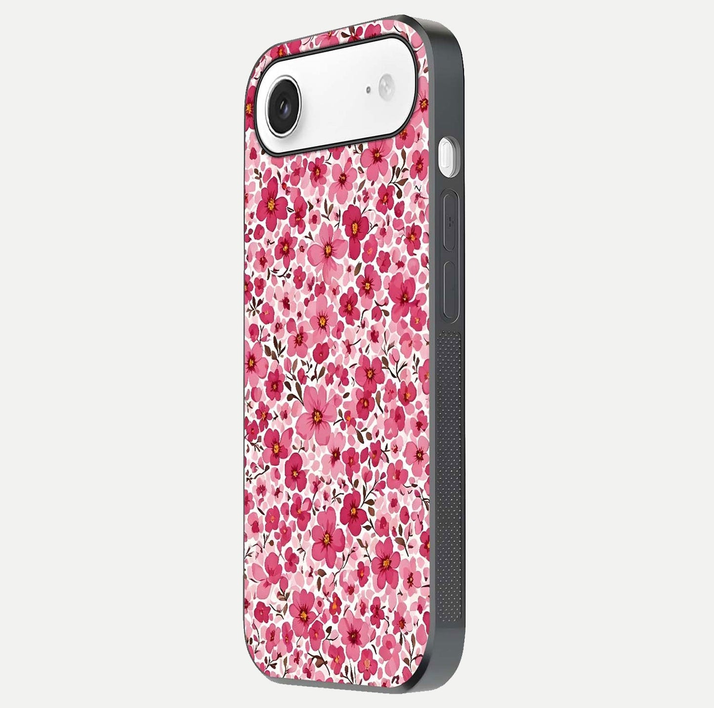 Cherry Blossom Charm Glass Case for iPhone Air side-angle image showing reflection gloss and soft texture