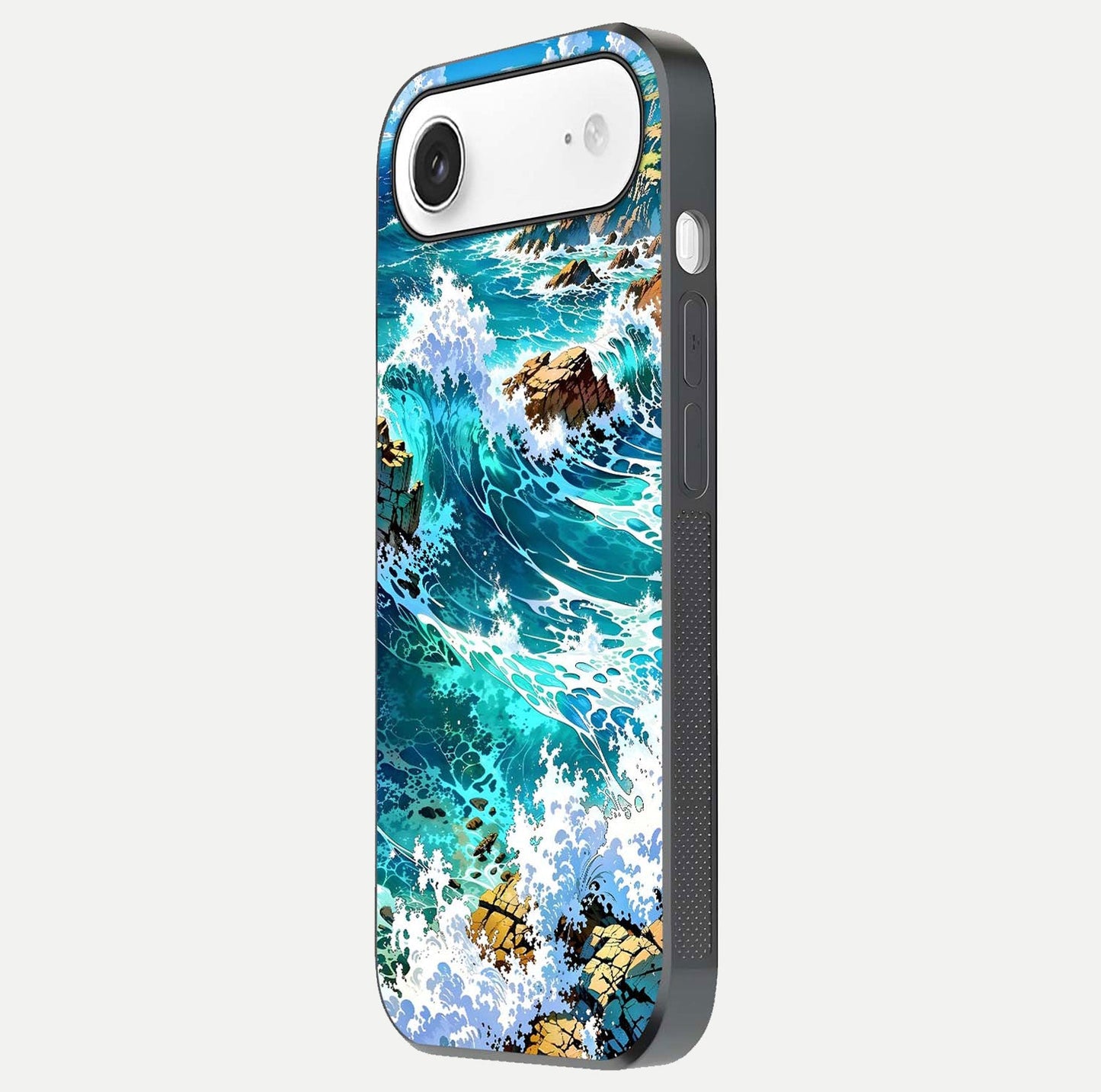 Coastal Blue Waves Glass Case for iPhone Air side-angle photo showing gloss texture and color depth