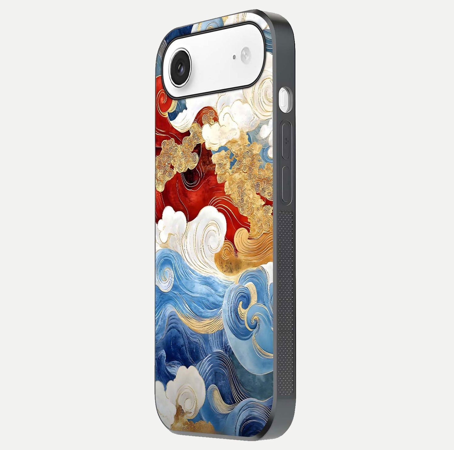 Colored Waves Glass Case for iPhone Air side-angle image showing light reflection, edge design, and shine