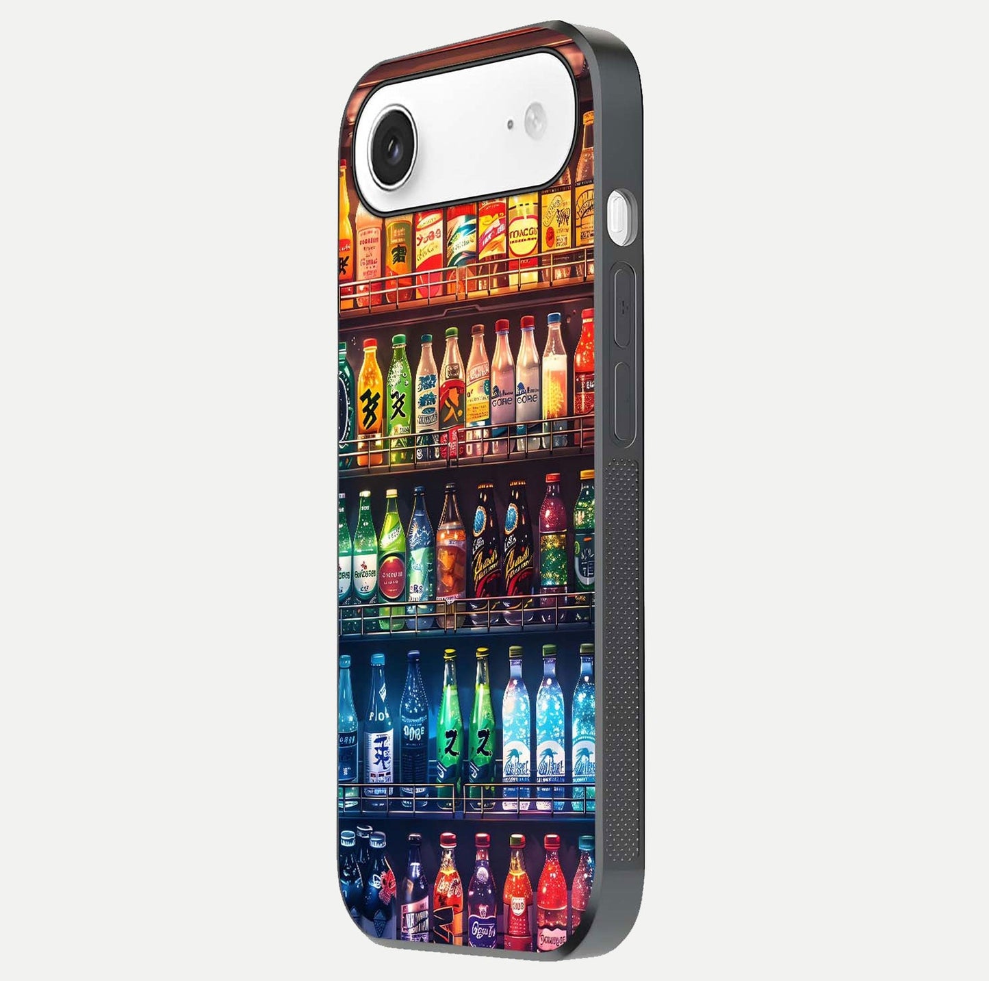 Colorful Soda Bottles Glass Case for iPhone Air side-angle photo showing polish shine and texture depth