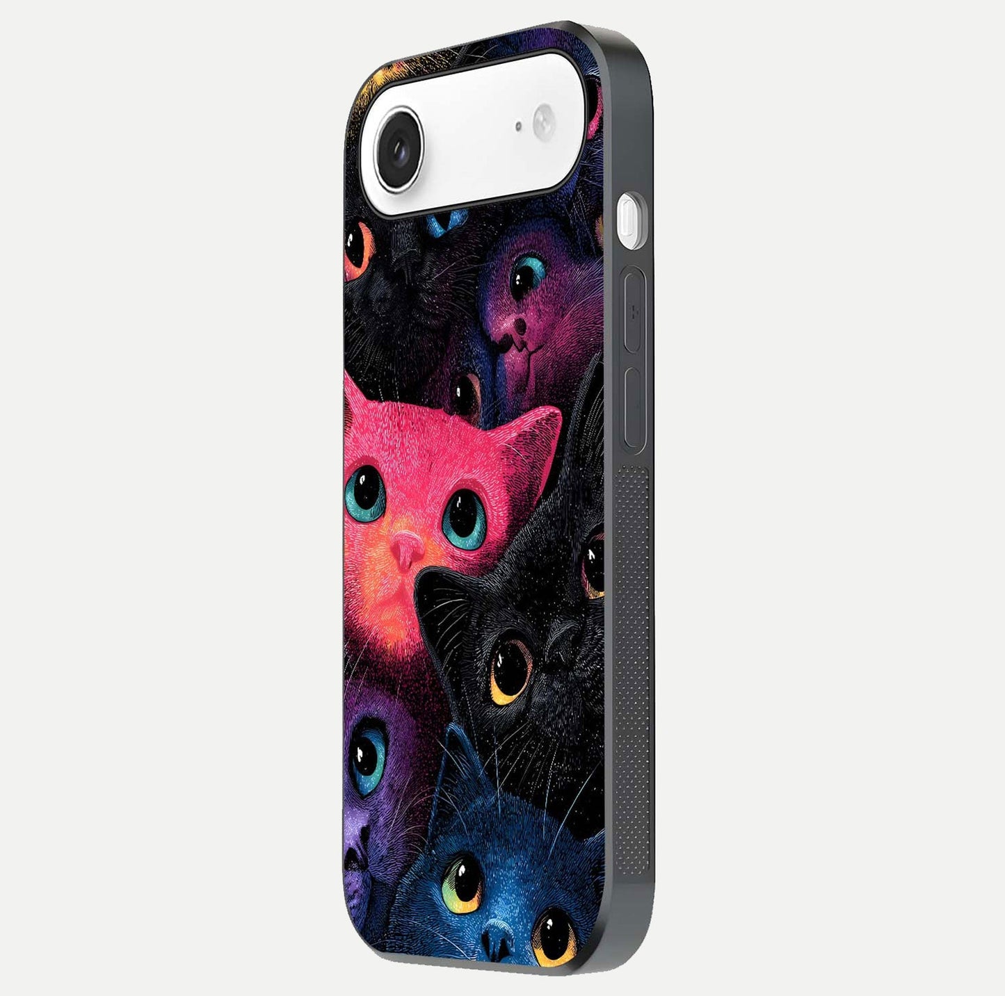 Cosmic Cats Dreams Glass Case for iPhone Air side-angle photo showing edge gloss and color depth