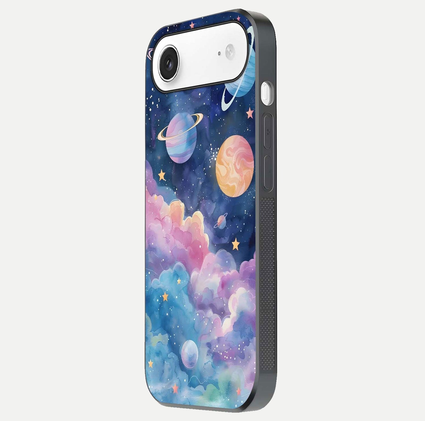 Cosmic Planet Dreams Glass Case for iPhone Air side-angle image showing texture clarity and shine