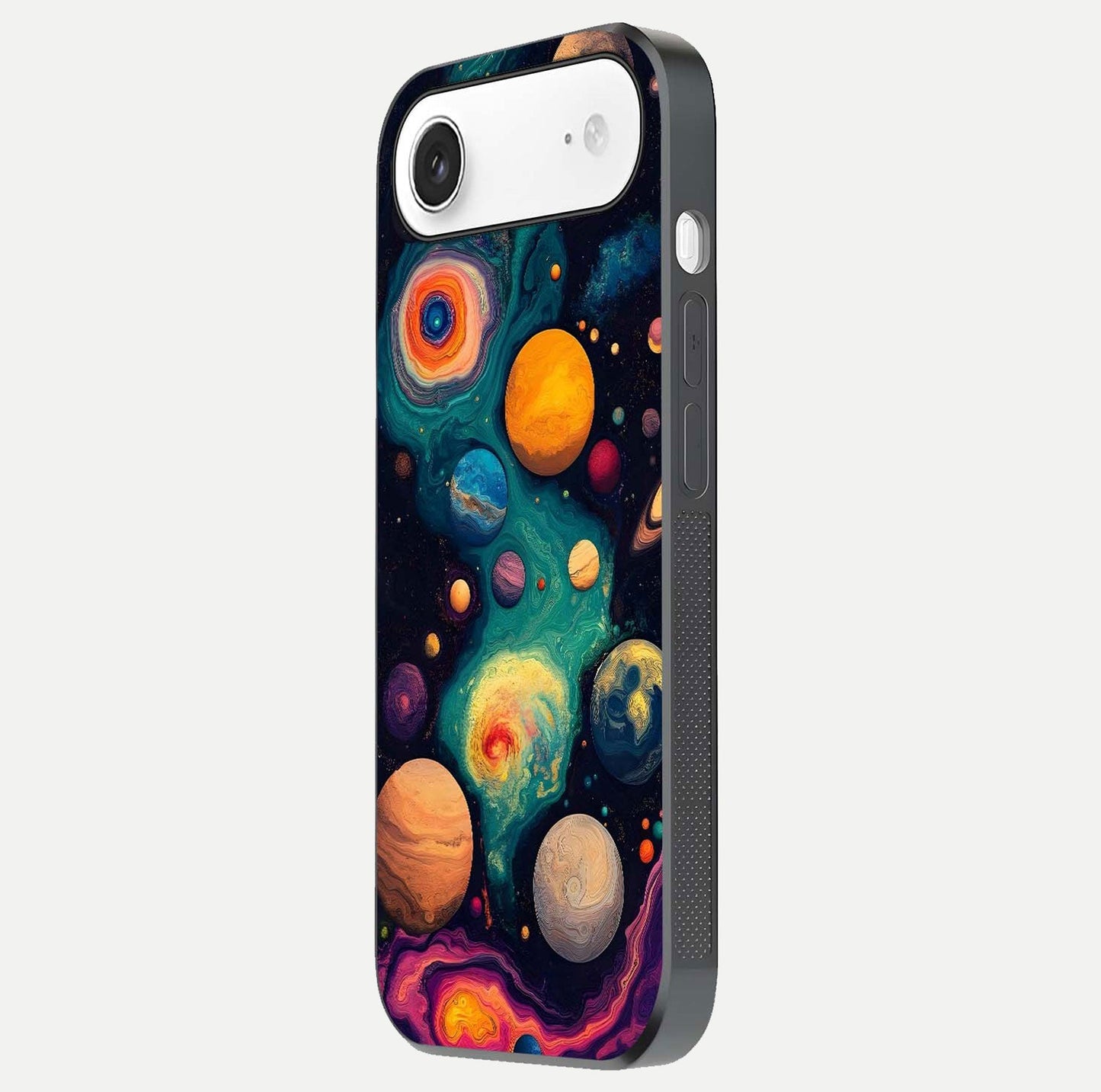 Cosmic Planet Journey Glass Case for iPhone Air side-angle image capturing smooth gloss and reflective edges