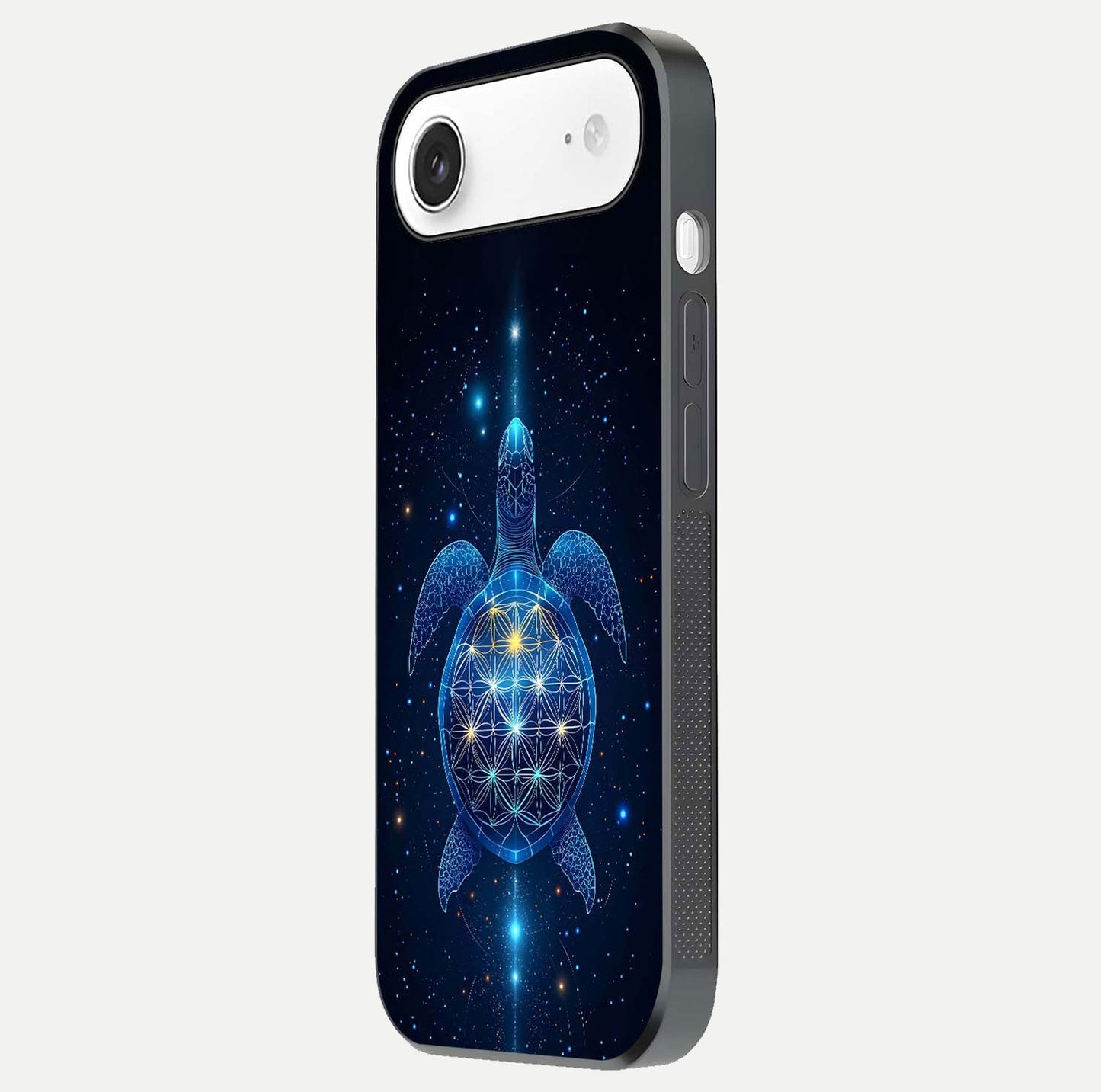 Crimson Blue Turtle Glass Case for iPhone Air side-angle photo showing curved edge and glass gloss