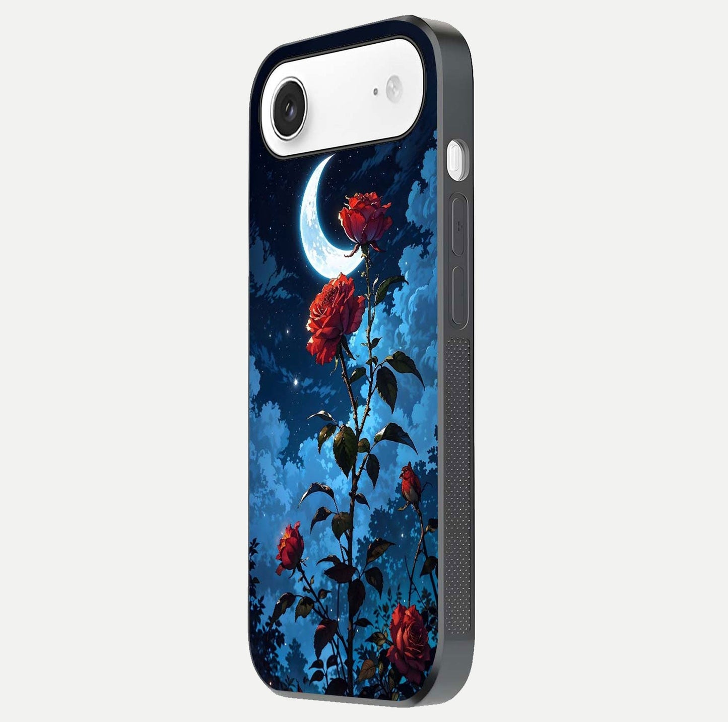 Crimson Rose Moon Glass Case for iPhone Air side-angle photo showing reflective texture and smooth curve